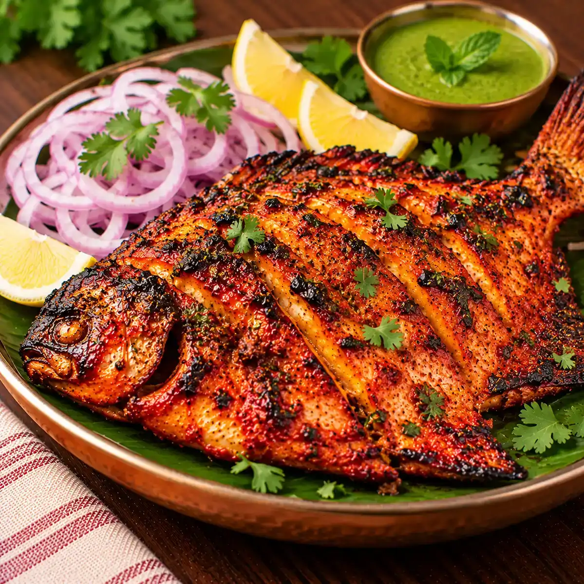 Tandoori Pomfret — Savor our whole Pomfret, bathed in a vibrant, aromatic tandoori at Apna Bazar - Eatery